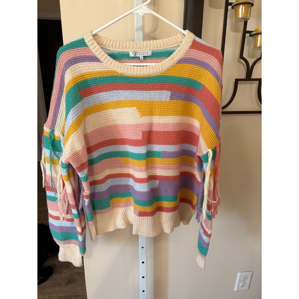 Collection by Cezele Rainbow Striped Fringe Tassel Knit Sweater Multi Color L